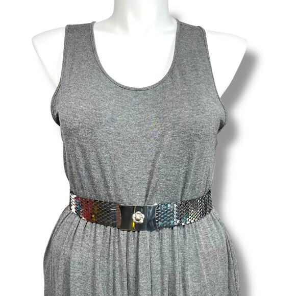 Vintage 80s 90s Womens Wide Scale Stretch Belt Flower Buckle Accent Silver Tone - Picture 2 of 9